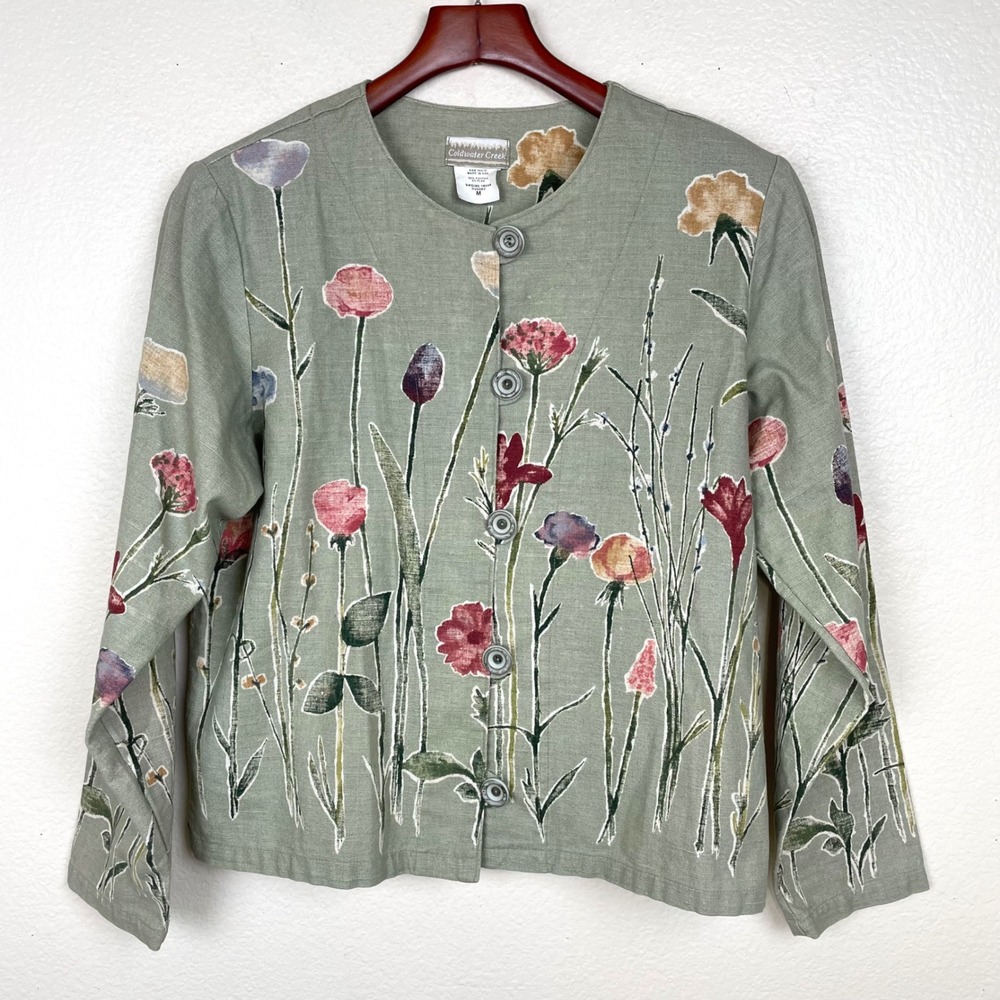 Coldwater Creek Jacket Sz M Linen Flax Blazer Floral Cottage Workwear Boho Boxy